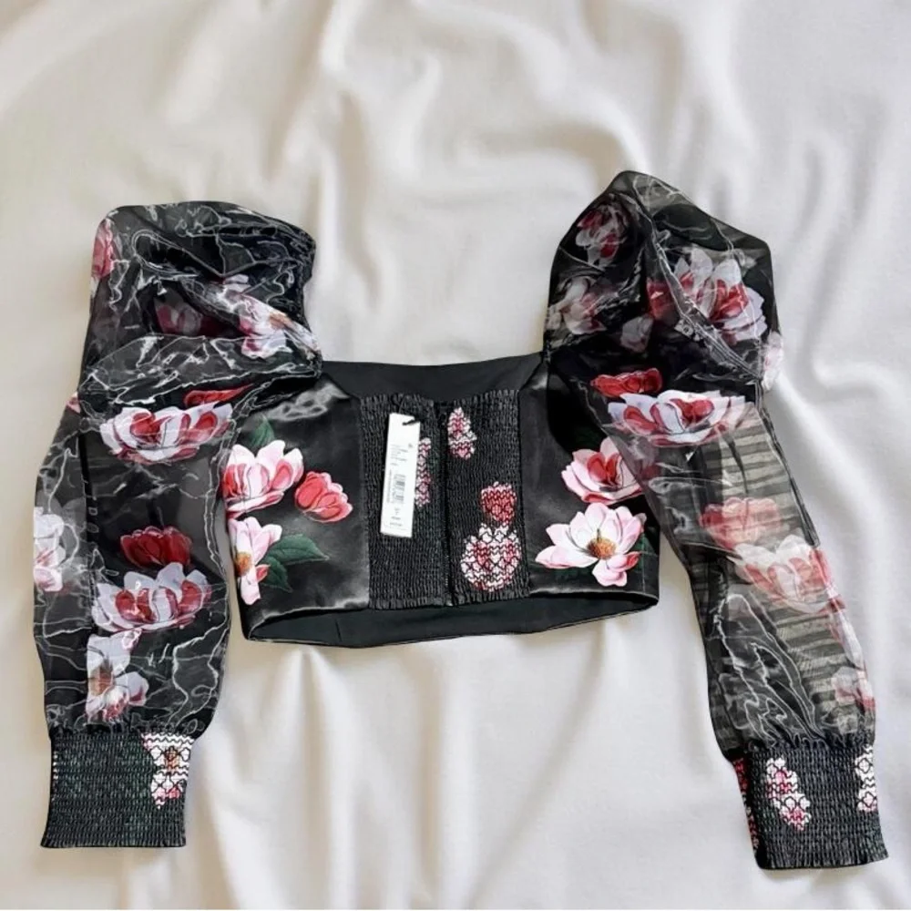 Alice + Olivia Floral Puff Sleeve Sheer Crop Top - Picture 5 of 11